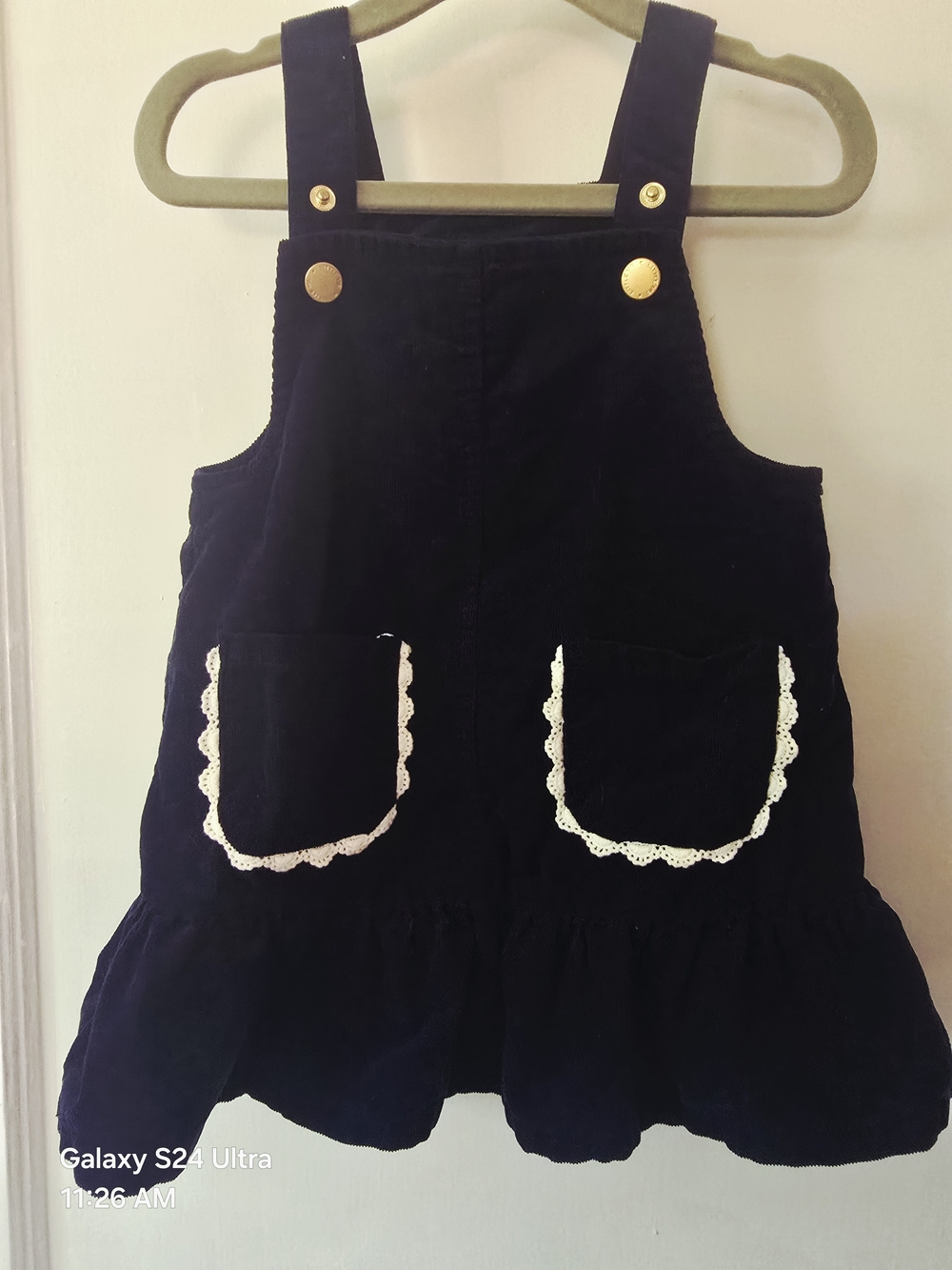 Pinafore 18m Girls Navy Corduroy Dress with White Lace Pockets